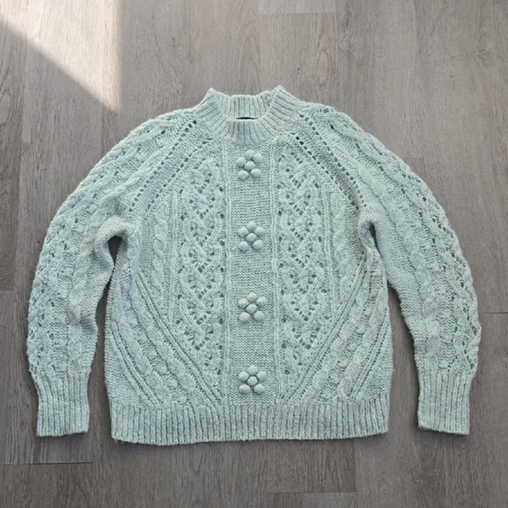 J. Crew Pale Mint Cable Knit Crewneck Sweater